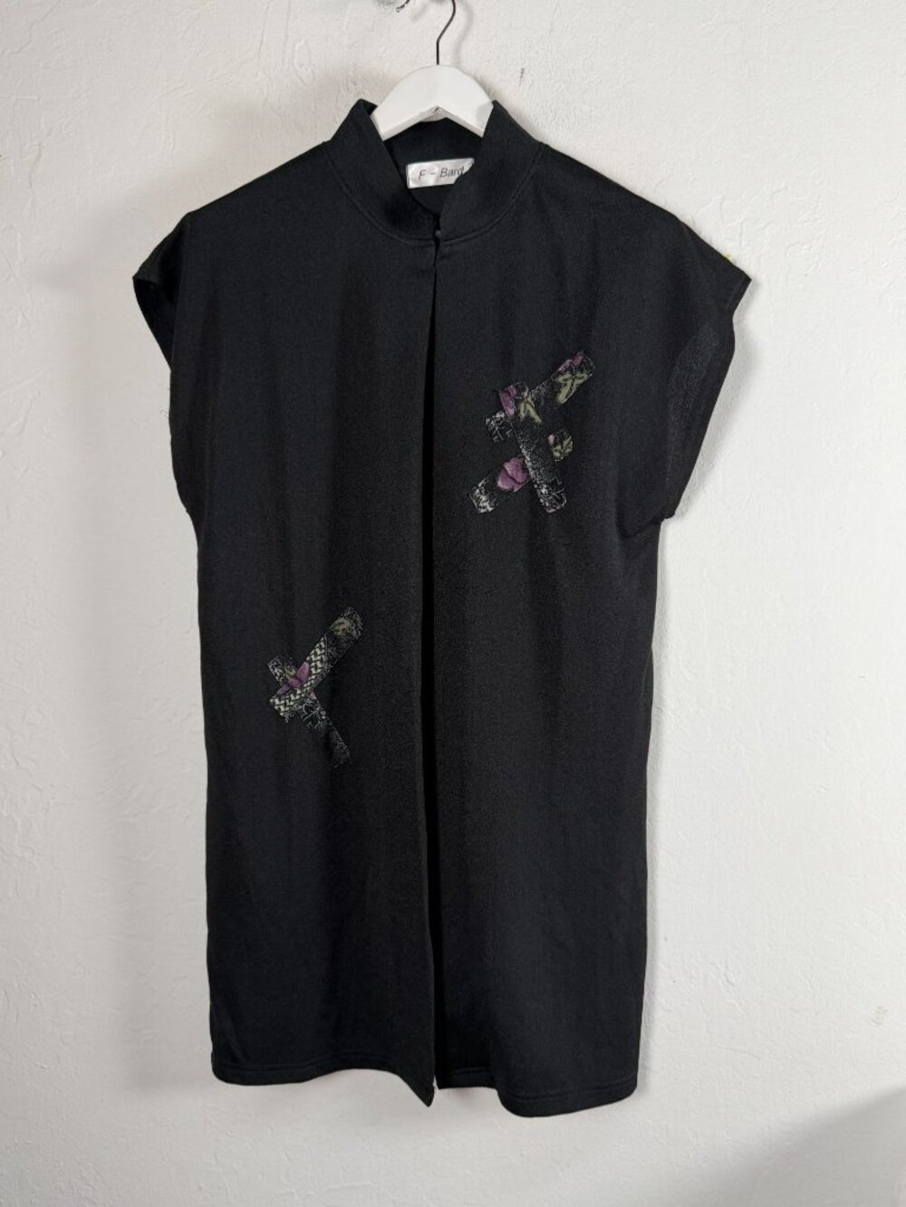 F-Bard Womens Black Cap Sleeve Open Front Tunic Vest Floral Applique Japan M/L